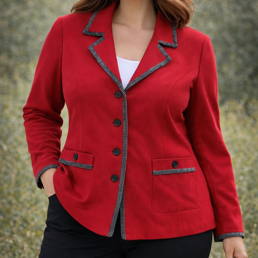 Draper’s & Damon’s XL Red Blazer Jacket Black Trim Pockets Button Front Preppy